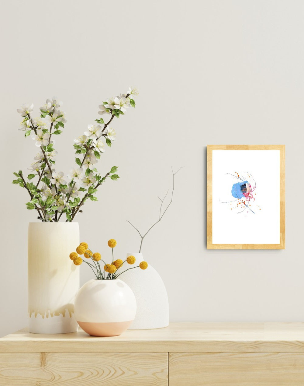 abstract small painting in blues and pinks with lines and splatters