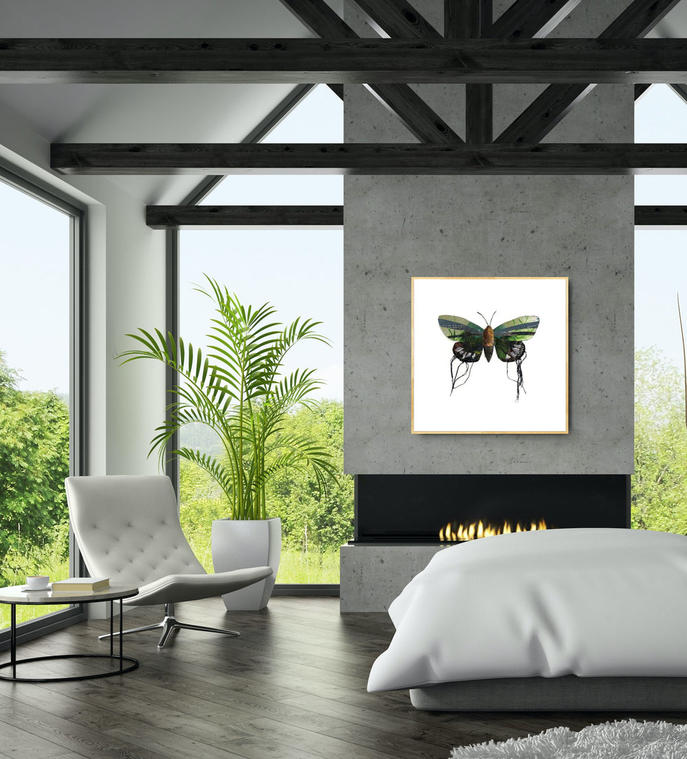 Aurelia is a butterfly / moth collage created with recycled magazine bits embellished with delicate hand stitching. Museum-quality wall art.