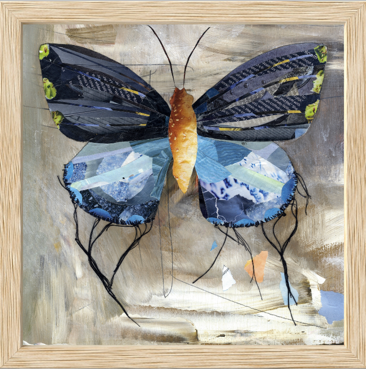 Blue is a butterfly / moth collage created with recycled magazine bits embellished with delicate hand stitching. Museum-quality wall art. Framed in light wood frame.