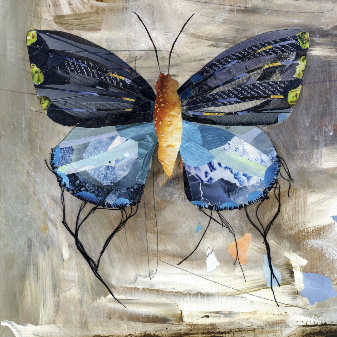 A close up of Blue,  a butterfly / moth collage created with recycled magazine bits embellished with delicate hand stitching. Museum-quality wall art.