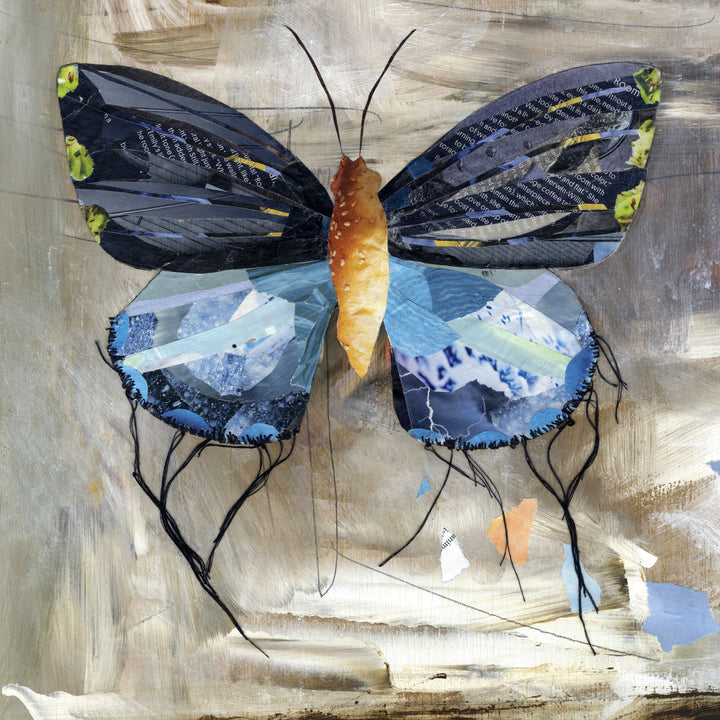 A close up of Blue,  a butterfly / moth collage created with recycled magazine bits embellished with delicate hand stitching. Museum-quality wall art.