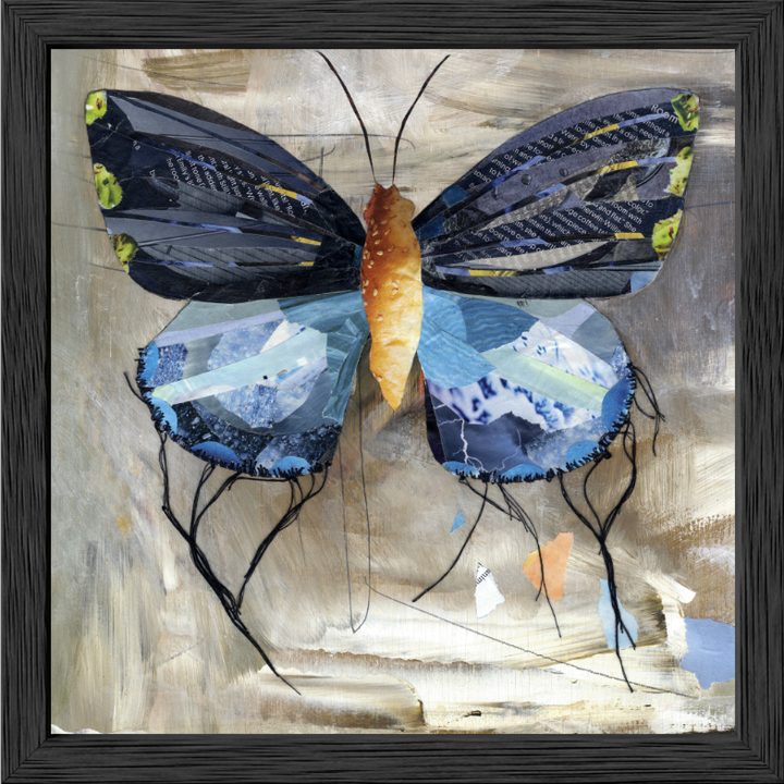 Blue is a butterfly / moth collage created with recycled magazine bits embellished with delicate hand stitching. Museum-quality wall art. Framed in black frame.
