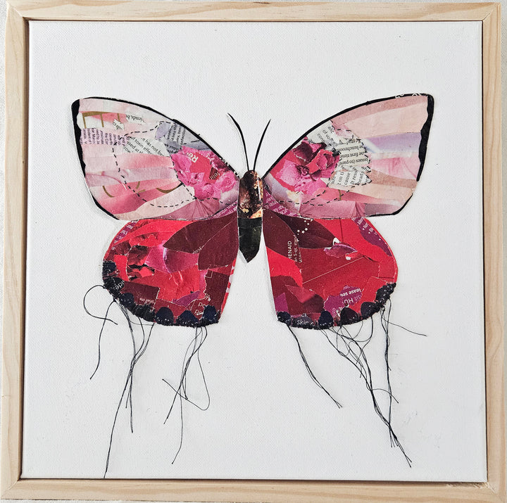 Red butterfly collage artwork made from recycled magazine pages
