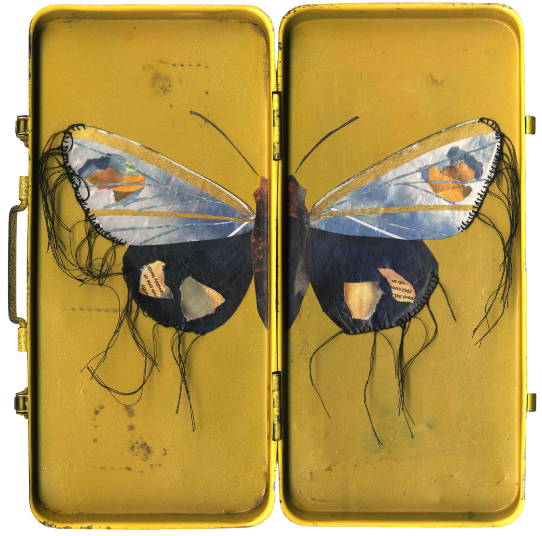 butterfly collage artwork made from recycled magazine pages set into toolboxes