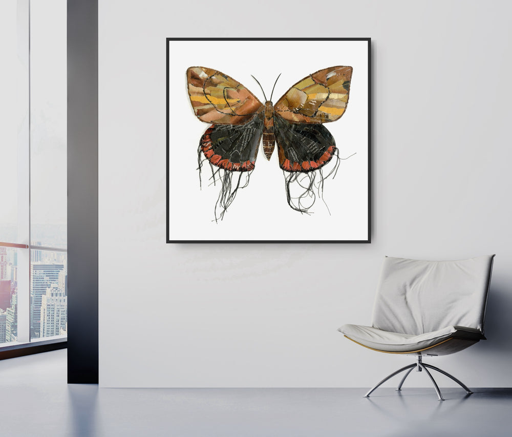 Eloise is a butterfly / moth collage created with recycled magazine bits embellished with delicate hand stitching. Museum-quality wall art.