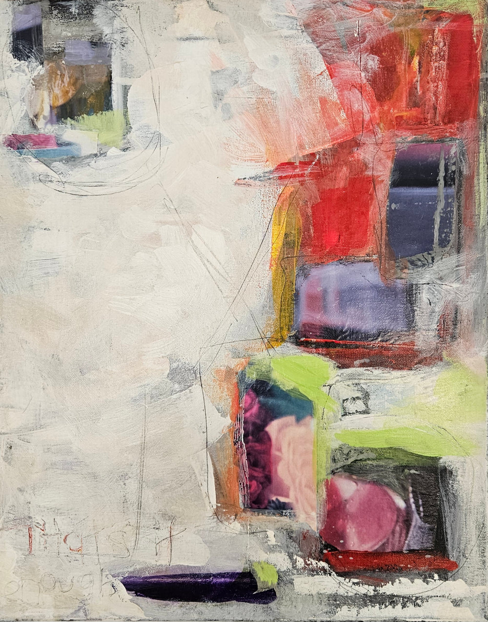 Abstract art piece with colorful geometric shapes on a textured background