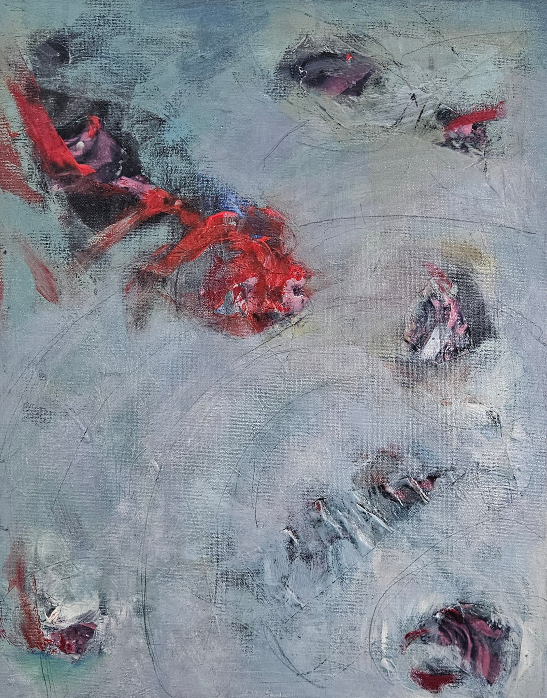 Abstract artwork with red and gray elements on a textured surface