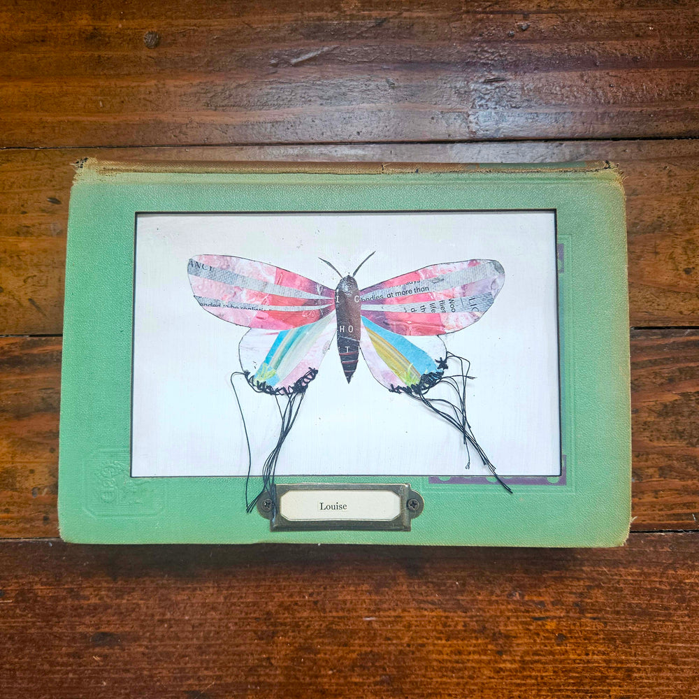 Handmade butterfly moth collage in a vintage book frame. Eco-friendly wall art made from recycled magazines. A unique gift for nature lovers.