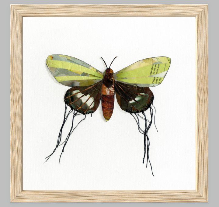 Luna is a butterfly / moth collage created with recycled magazine bits embellished with delicate hand stitching. Museum-quality wall art.