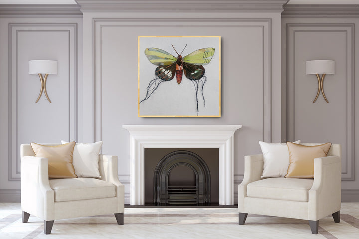 Luna is a butterfly / moth collage created with recycled magazine bits embellished with delicate hand stitching. Museum-quality wall art.