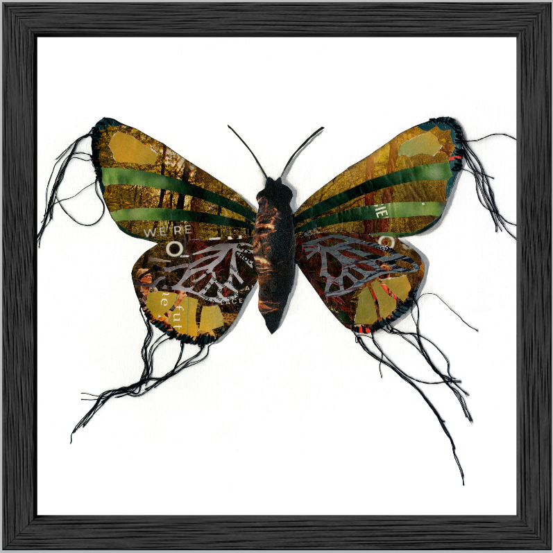 Framed and closeup of Margaret, a butterfly / moth collage created with recycled magazine bits embellished with delicate hand stitching. Museum-quality wall art.