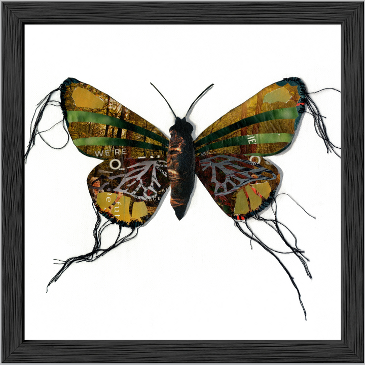 Framed and closeup of Margaret, a butterfly / moth collage created with recycled magazine bits embellished with delicate hand stitching. Museum-quality wall art.