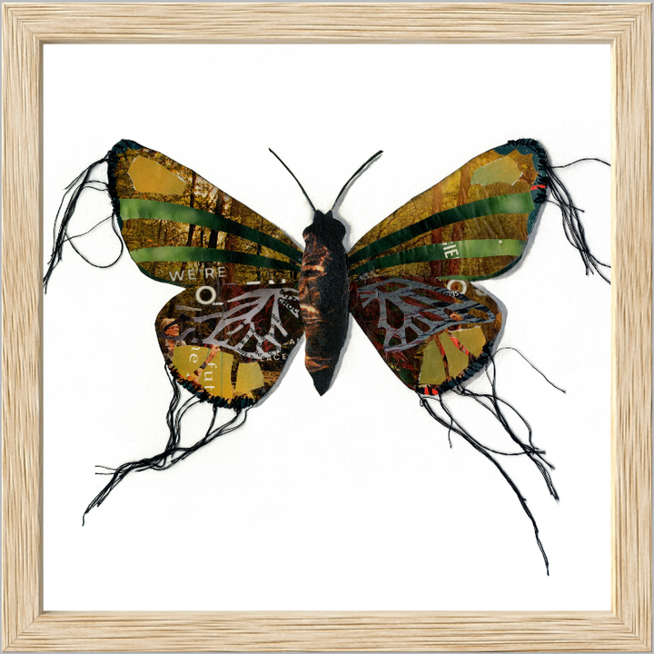 Framed it light wood frame, Margaret is a butterfly / moth collage created with recycled magazine bits embellished with delicate hand stitching. Museum-quality wall art.