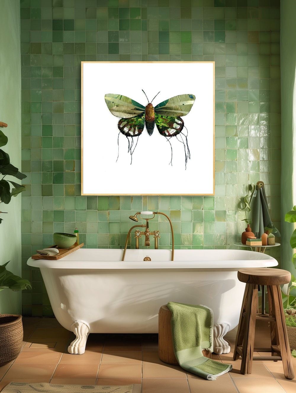 Mariposa is a butterfly / moth collage created with recycled magazine bits embellished with delicate hand stitching. Museum-quality wall art.