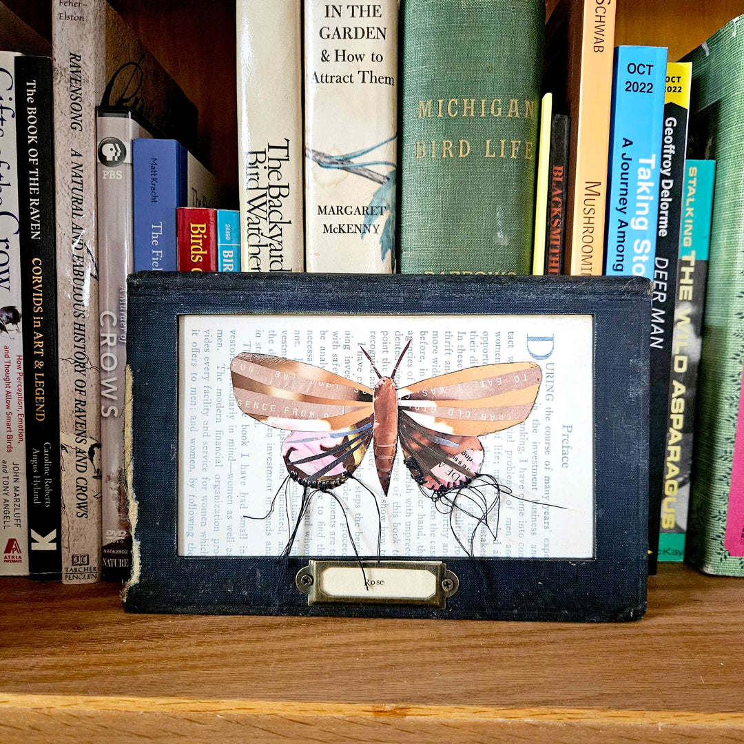 Handmade butterfly moth collage set into a vintage book as frame. Eco-friendly wall art made from recycled magazines and vintage books. A unique gift for book and nature lovers.