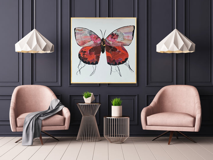 Ruby is a butterfly / moth collage created with recycled magazine bits embellished with delicate hand stitching. Museum-quality wall art.