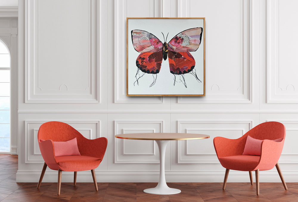 Ruby is a butterfly / moth collage created with recycled magazine bits embellished with delicate hand stitching. Museum-quality wall art.