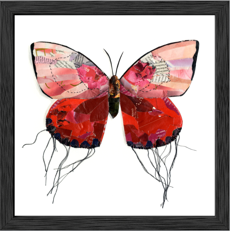Ruby is a butterfly / moth collage created with recycled magazine bits embellished with delicate hand stitching. Museum-quality wall art.