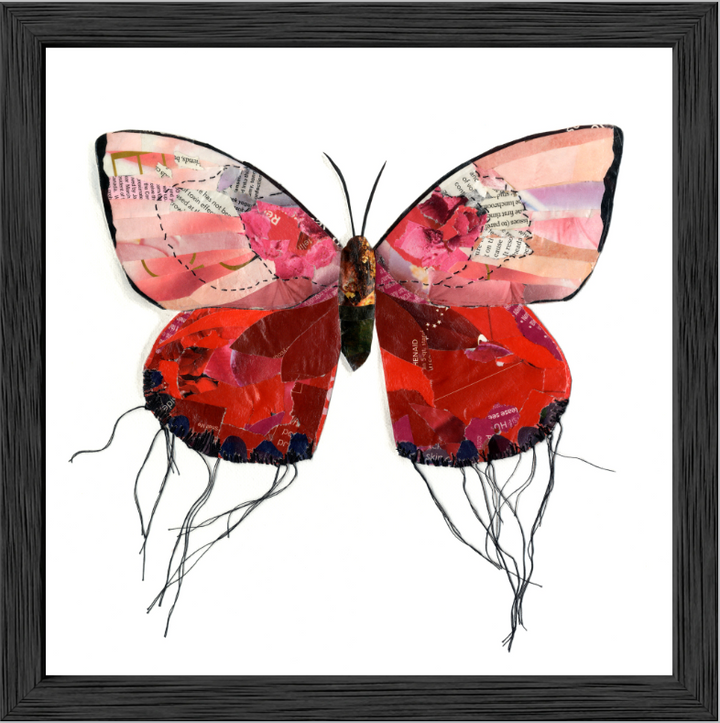 Ruby is a butterfly / moth collage created with recycled magazine bits embellished with delicate hand stitching. Museum-quality wall art.