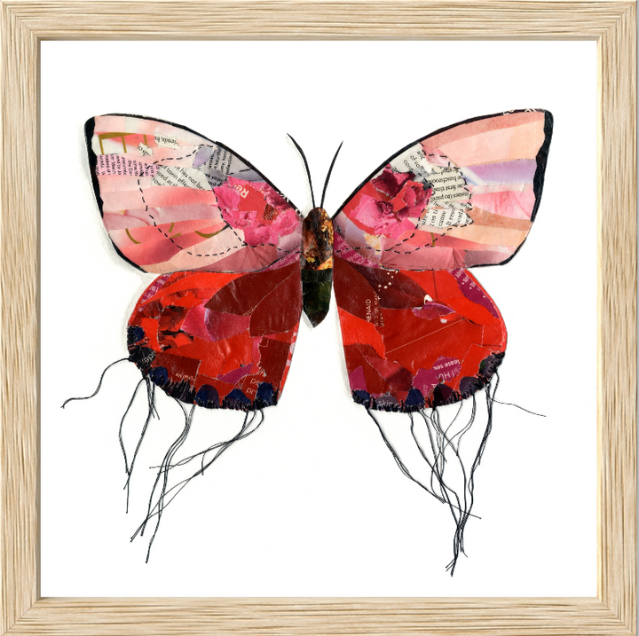 Ruby is a butterfly / moth collage created with recycled magazine bits embellished with delicate hand stitching. Museum-quality wall art.