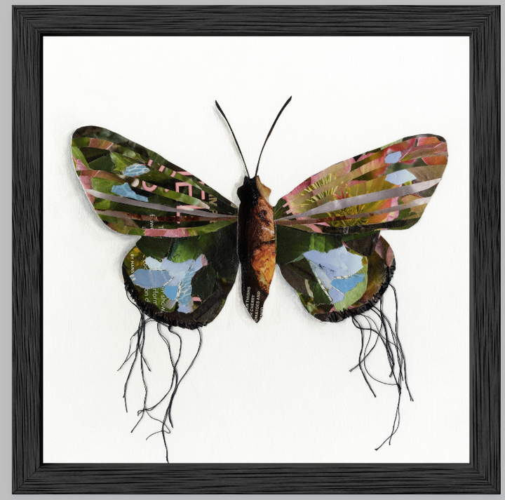 Sprite is a butterfly / moth collage created with recycled magazine bits embellished with delicate hand stitching. Museum-quality wall art. Framed here in a black wood frame.