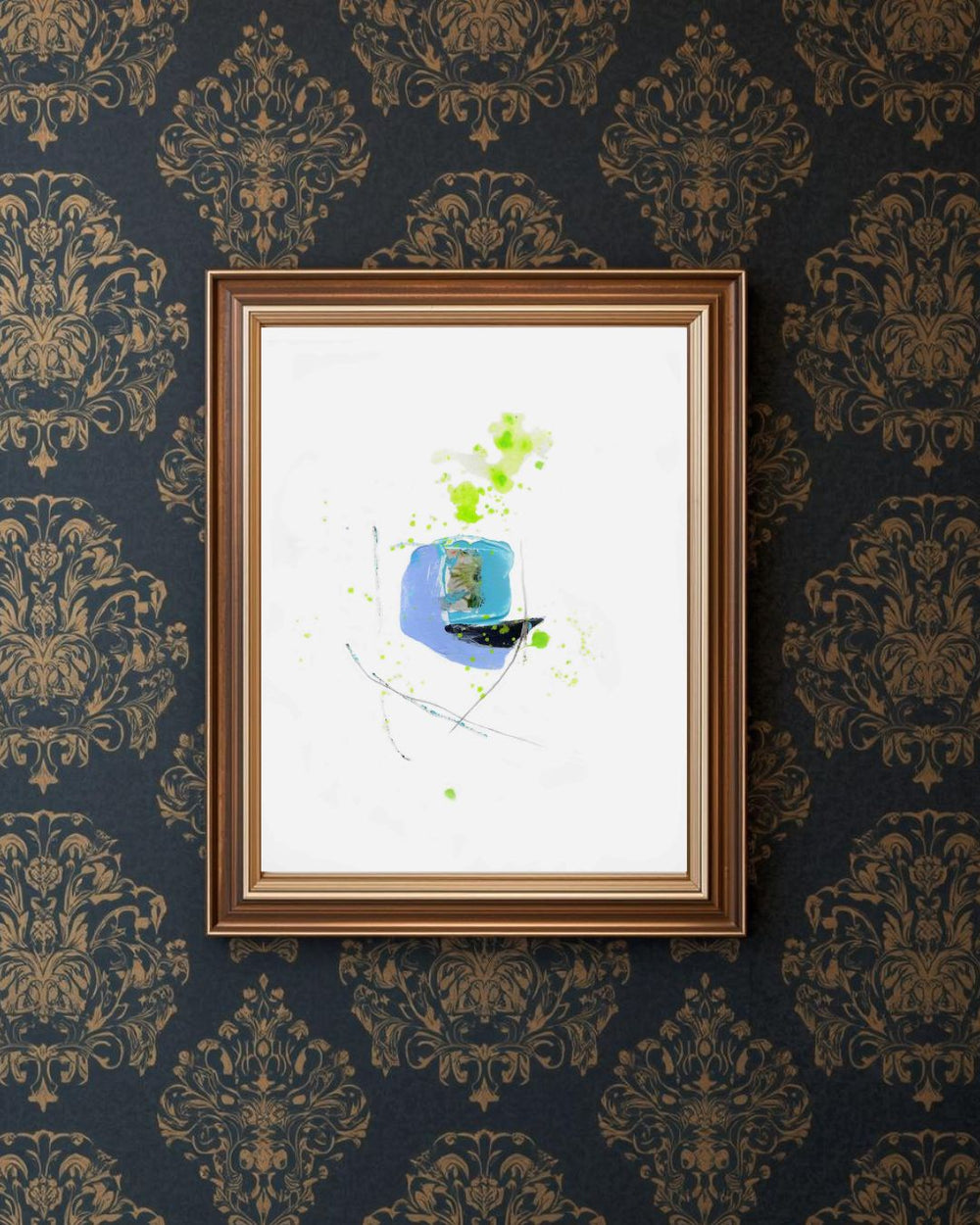 small gestural mixed media painting in blues and greens