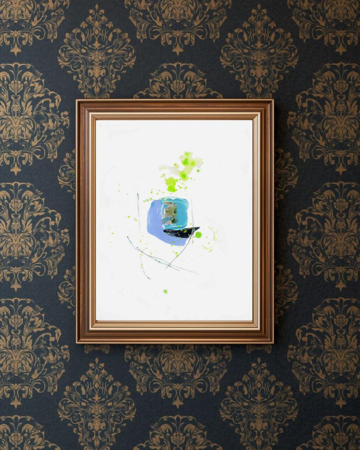 small gestural mixed media painting in blues and greens