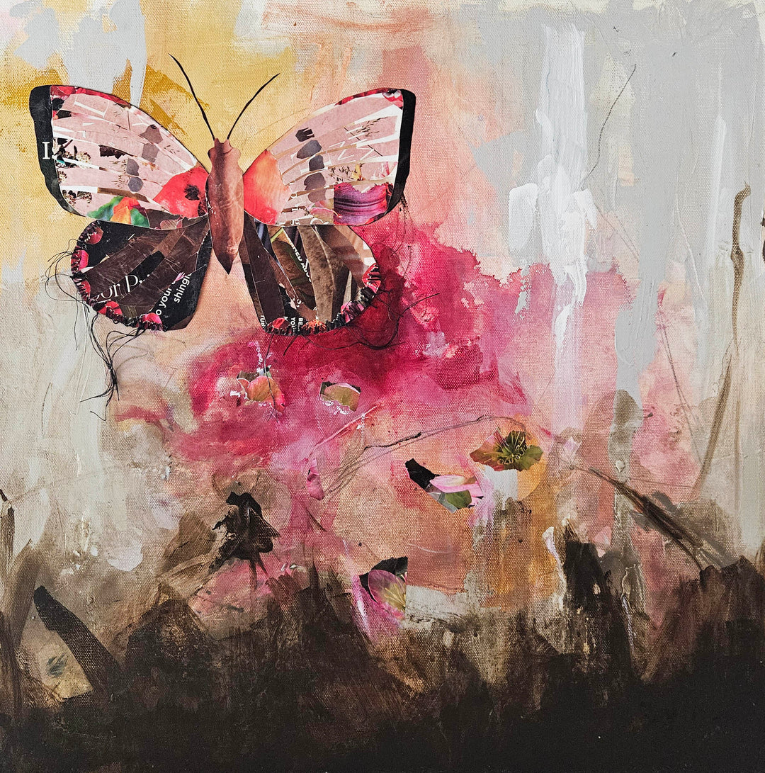 butterfly collage artwork made from recycled magazine pages on pink and brown abstract background