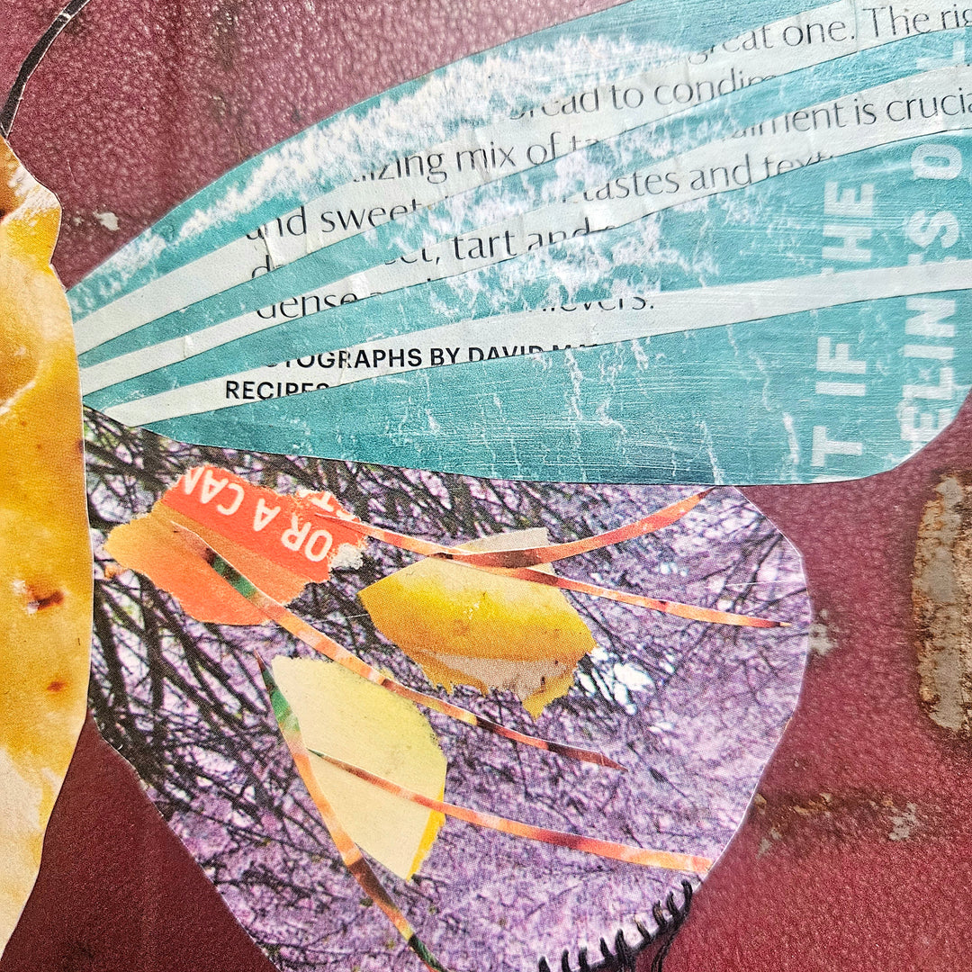 butterfly collage artwork made from recycled magazine pages and set into toolboxes